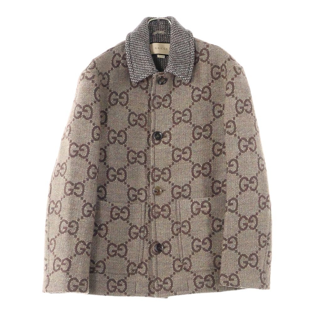 GUCCI グッチ マキシGG ジャカード 総柄 ウール ステンカラー ジャケット ショート コート ブラウン 770760