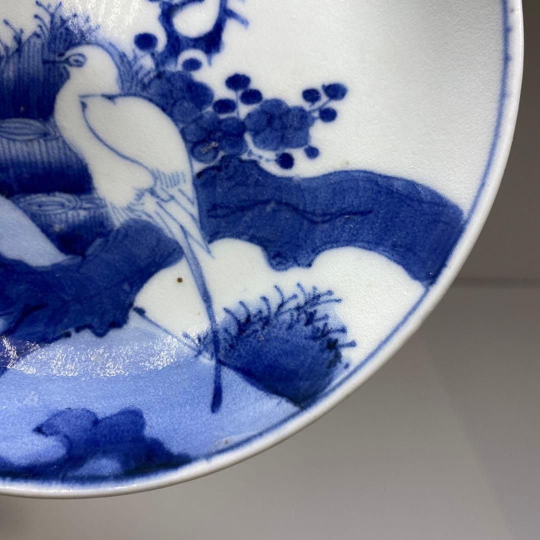 江戸中期　藍九谷上手鷺の図中皿　木箱付　幅約14.5㎝　東Y6-0910☆2F 江戸中期 藍九谷上手鷺の図中皿 木箱付 幅約14.5㎝ 東Y6-0910☆2F 江戸