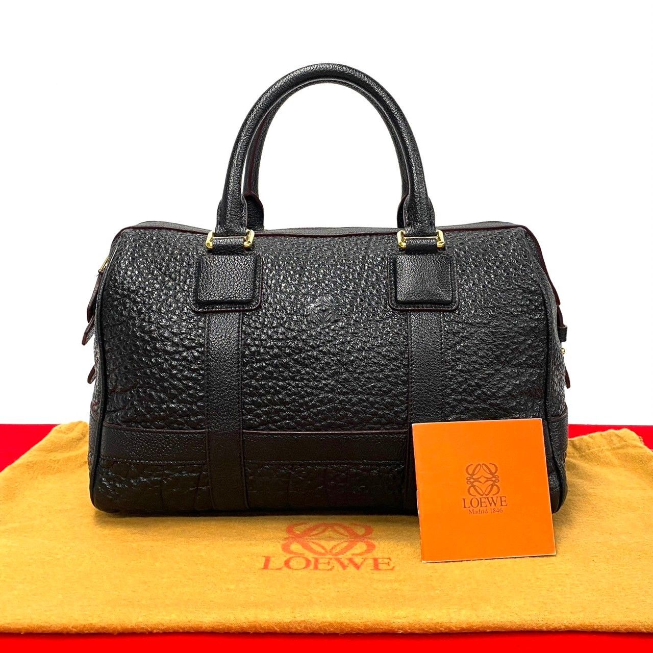 ロエベの黒レザーボストンバッグ ロエベ LOEWE ハンドバッグ ミニボストンバッグ 黒 レザー