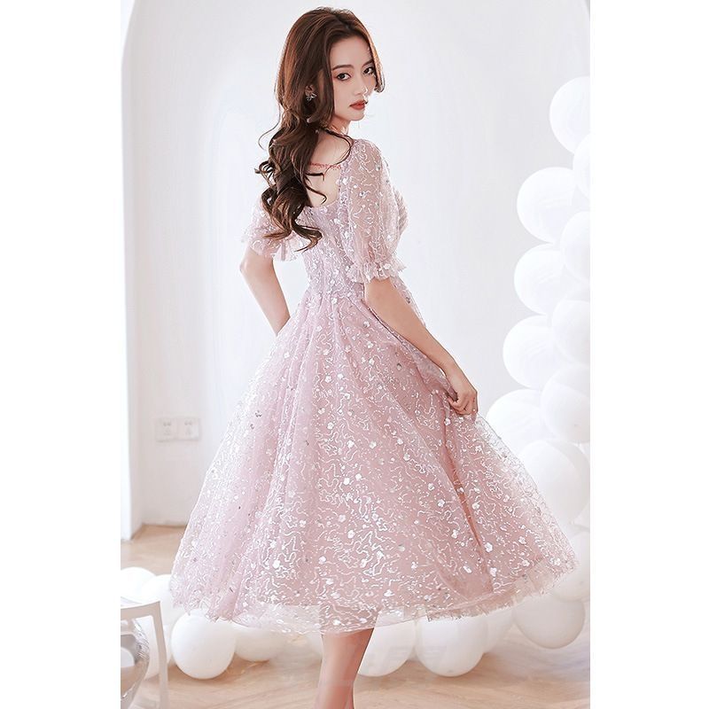 ピンクミディドレス レディースパーティー誕生日在逃プリンセス風高腰Aライン礼服WP 109 MAAHADDERANG_COM