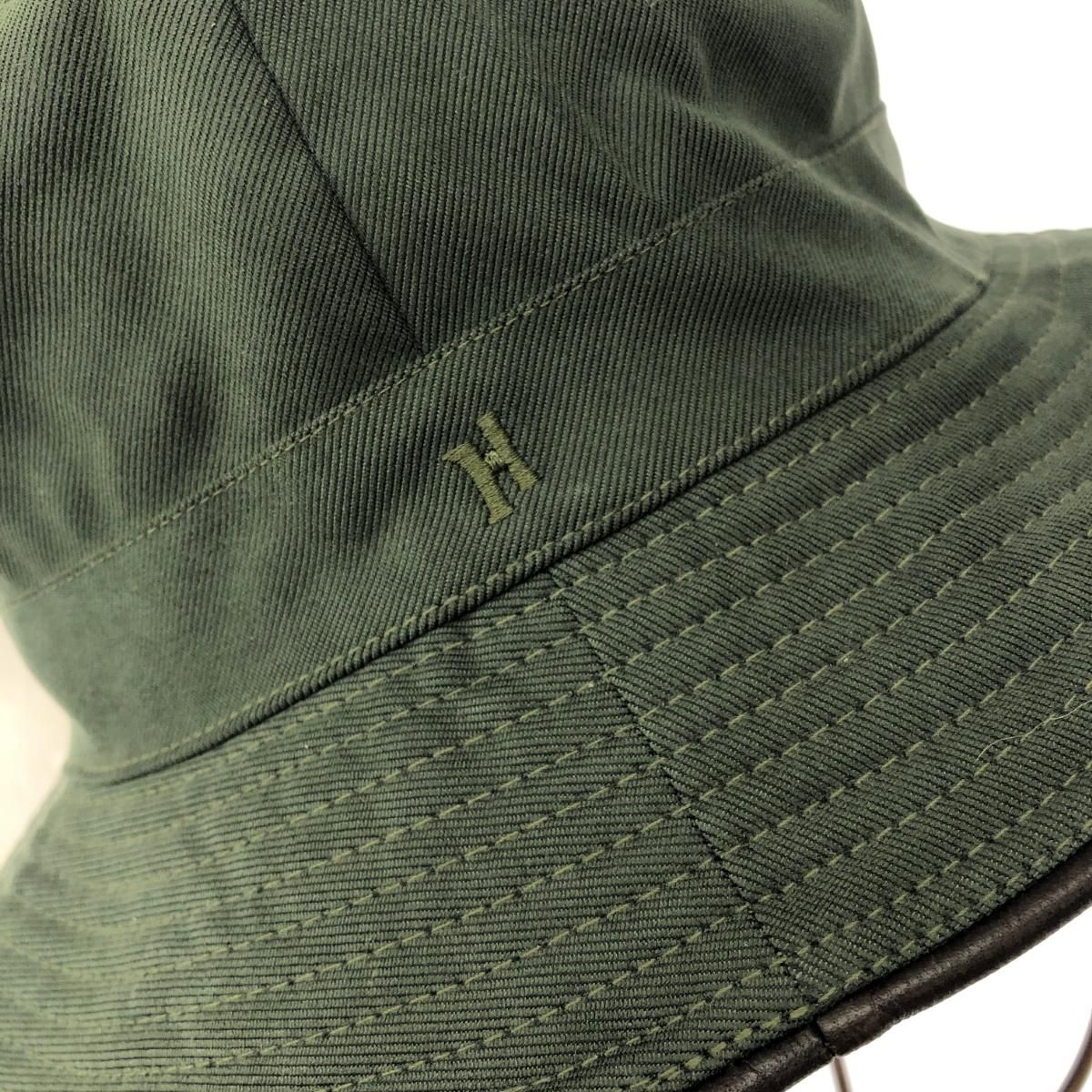 HERMES エルメス バケットハット 帽子 カーキ レザー使用