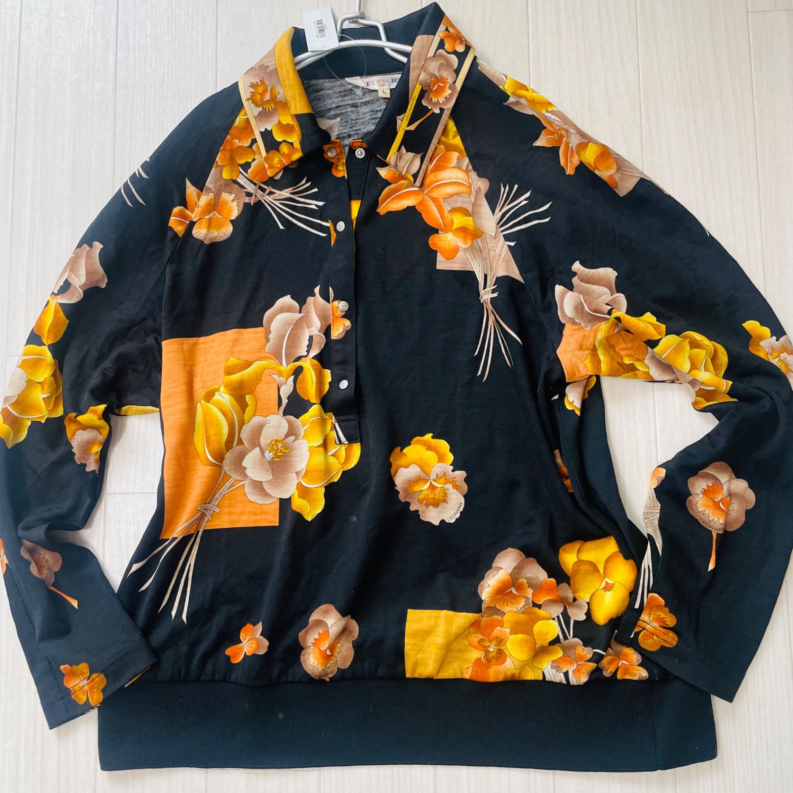 レオナール カットソー ウール フラワープリント レディース L XL相当黒 ブラック系 G0029