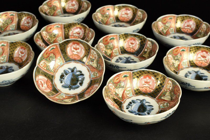 蔵A2593b1 伊万里 染錦 輪花向付 なます皿 小鉢 十客