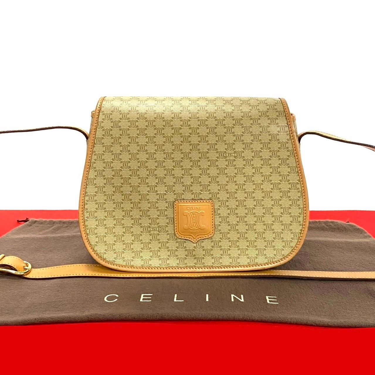 極 美品 CELINE セリーヌ マカダム ブラゾン 柄 トリオンフ ロゴ レザー 本革 ショルダーバッグ ポシェット ブラウン ベージュ e96-2  - メルカリ