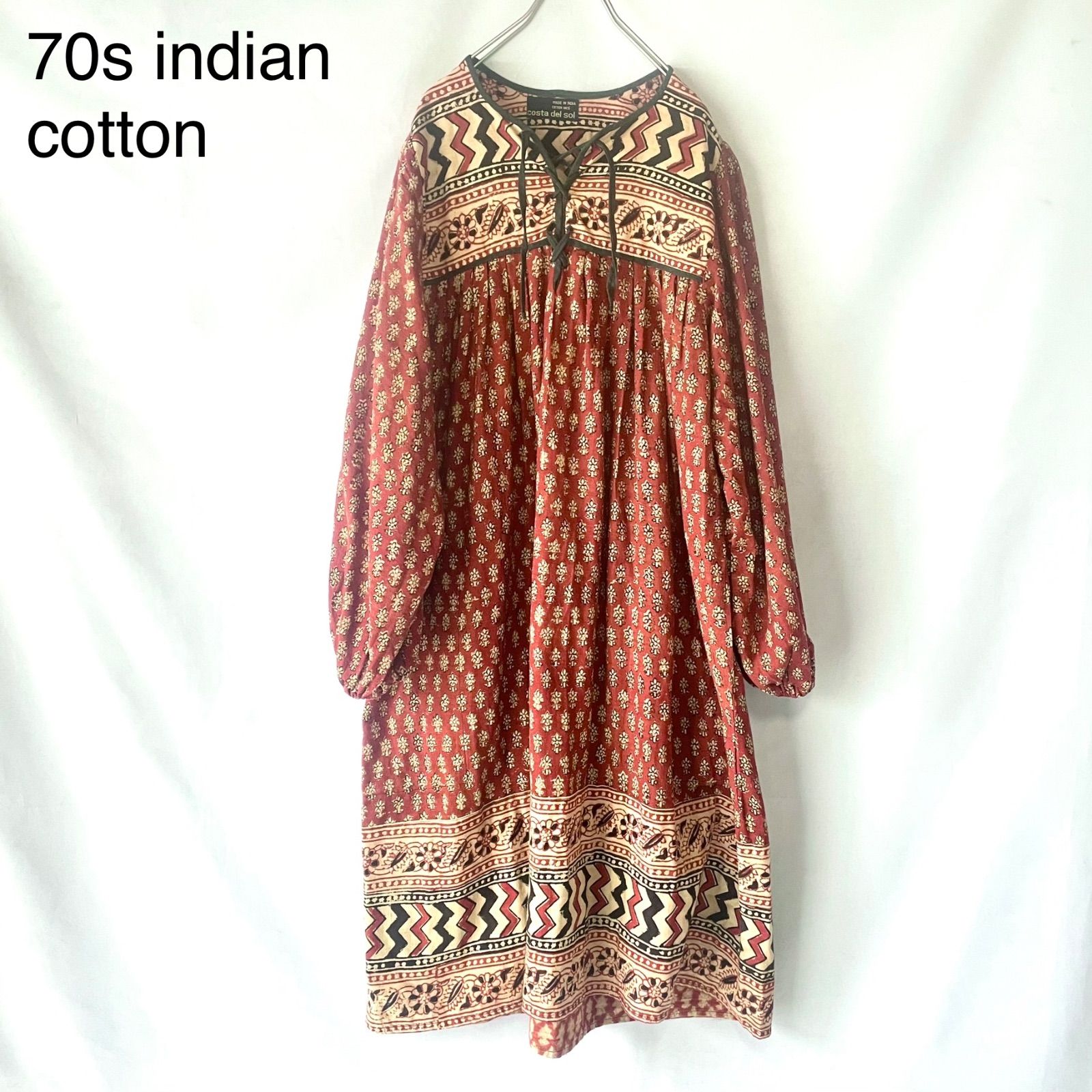 70s vintage インド綿 ワンピース 花柄 朱赤 ビンテージ - メルカリ