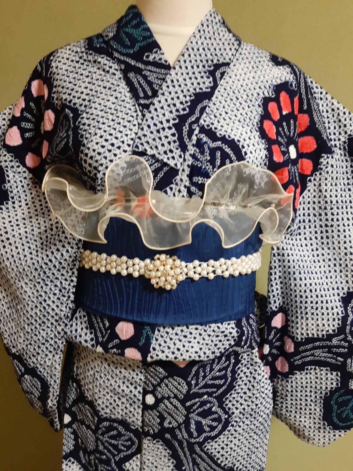 未使用に近い 有松・鳴海絞り 綿 浴衣 伝統工芸品 枝花文 綿 逸品