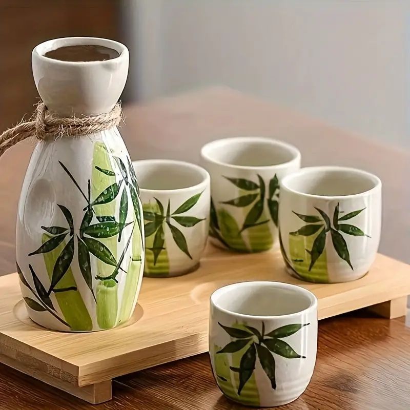 【送料関税無料】 新品 竹模様陶器日本酒セット 徳利とおちょこセット、涼しげな - 工芸品