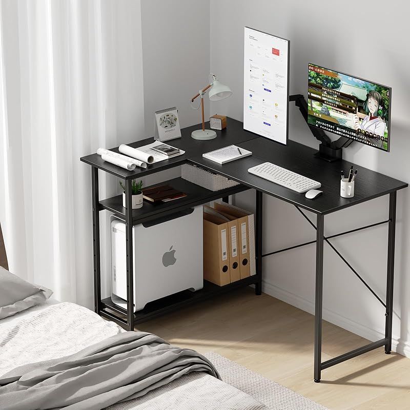 Holdm pcデスク l字デスク パソコンデスク 幅110cm 机 pcデスク 左右両替対応 コーナーデスク 棚板高さ5段可動 ワークデスク 省スペース 書斎 ゲーミング オフィスデスク シンプル L字型 作業机 