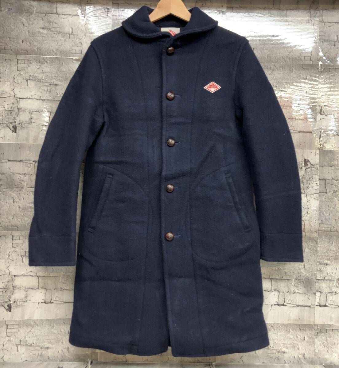 【美品】DANTON ダントン　ウールモッサ　シングル　フード　コート　ネイビー タグ付き未使用】DANTONウールモッサフードコート 試着のみ ネイビー 36