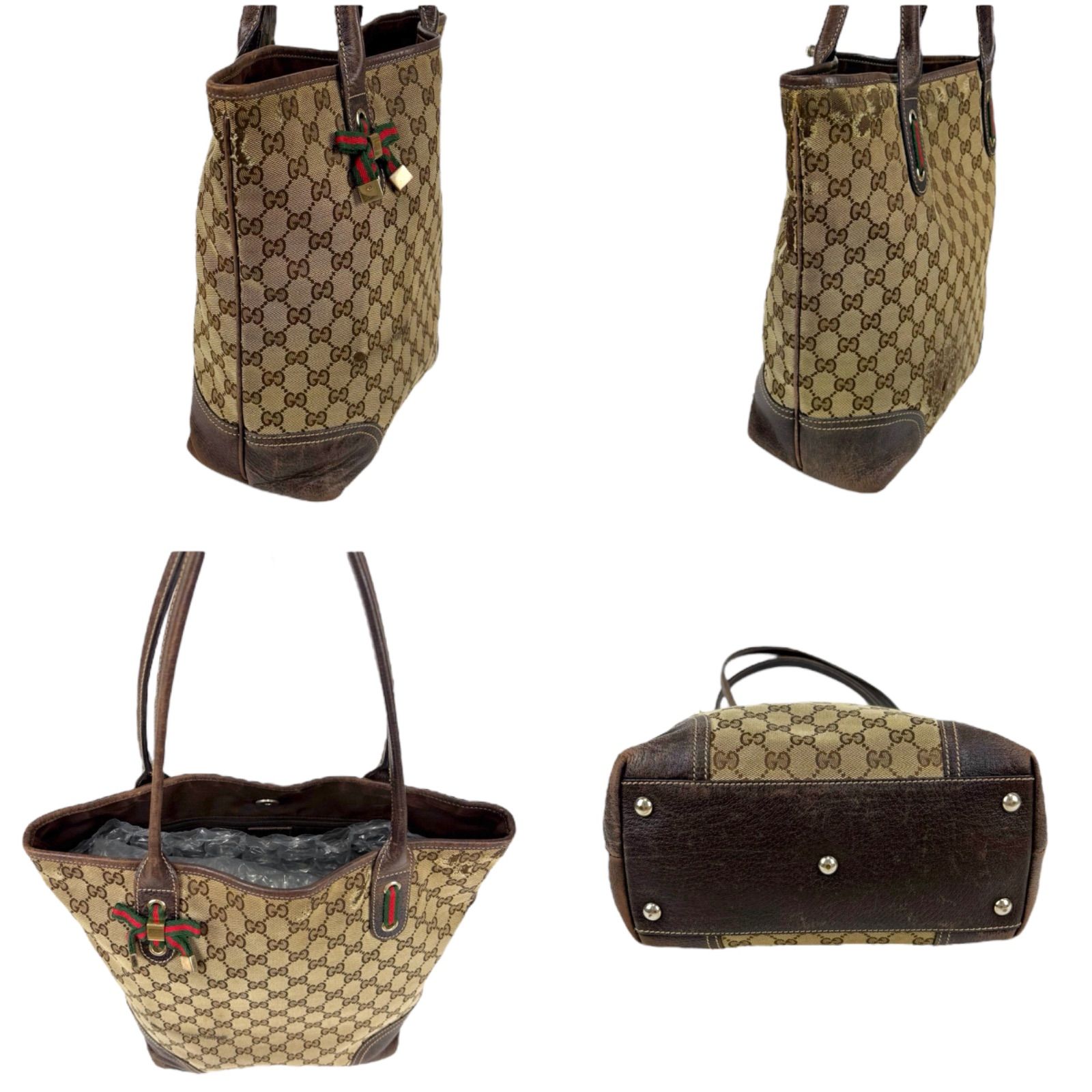 グッチ GGキャンバス シェリーライン 縦長 トートバッグ レザー ブラウン GUCCI GGキャンバス シェリーライン 縦長 トートバッグ レザー