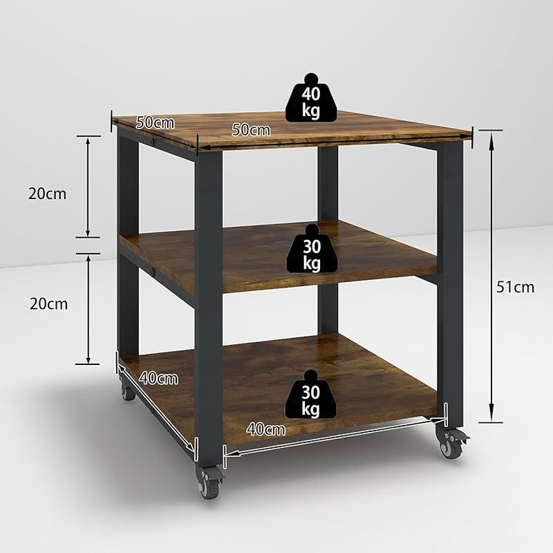 PUNCIA 3段 プリンター台 幅50cm 奥行50cm 高さ57cm ワゴン キャスター付き プリンターラック 収納棚 大型 プリンター 置き 台 省スペース 棚 机下収納 木製ラック 取り付け簡単 100kg高耐荷重 オフィス ホーム用 1 WWW_OLIVIERBERNSTEIN_COM