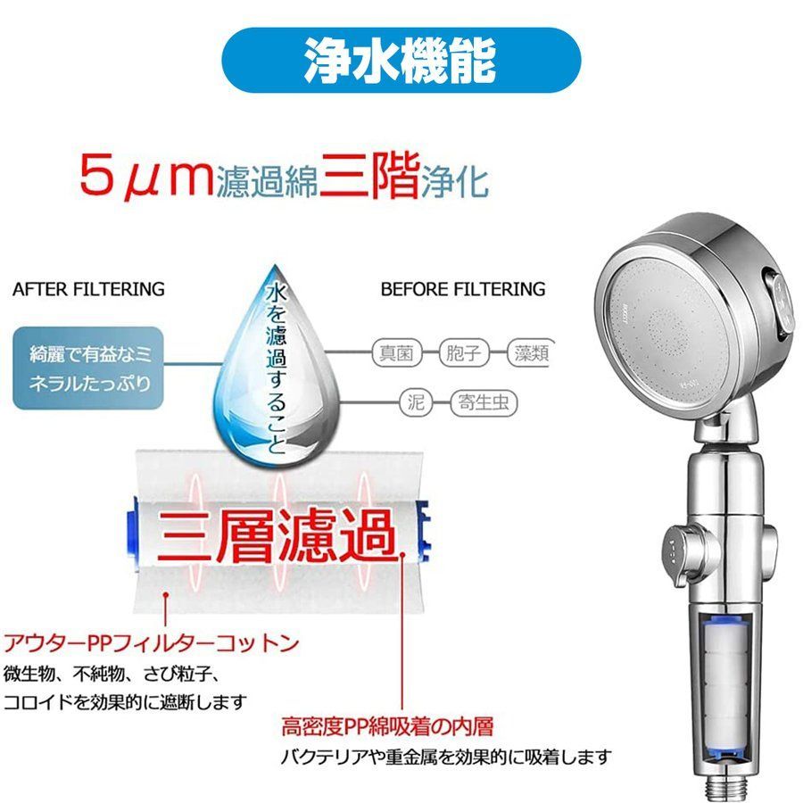 シャワーヘッド 節水 塩素除去 角度調整 3段階吐水モード 高水圧 浄水 増圧 止水ボタン 水量調整機能付き 軽量 手元ストップ 水漏れ防止HS-QGN