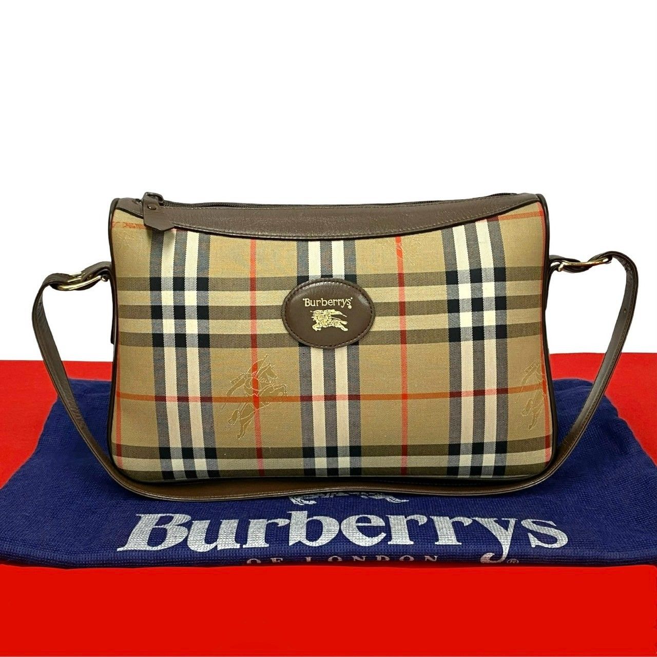 極 美品 BURBERRYS バーバリーズ ノバチェック シャドーホース ロゴ キャンバス レザー ショルダーバッグ ブラウン ベージュ 20247 BURBERRY（バーバリー） 極 美品 BURBERRYS バーバリーズ ノバチェック
