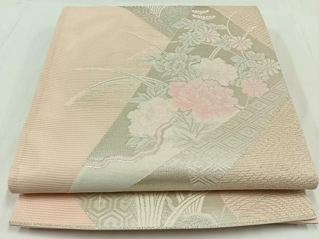 平和屋着物＊夏物 六通柄袋帯 吉祥花文 銀糸 正絹 逸品 未使用