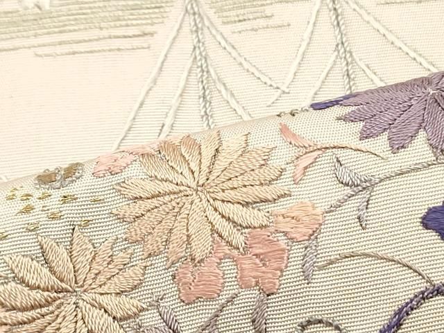 平和屋着物◎九寸名古屋帯 手描き 枝花霞文 銀糸 銀彩