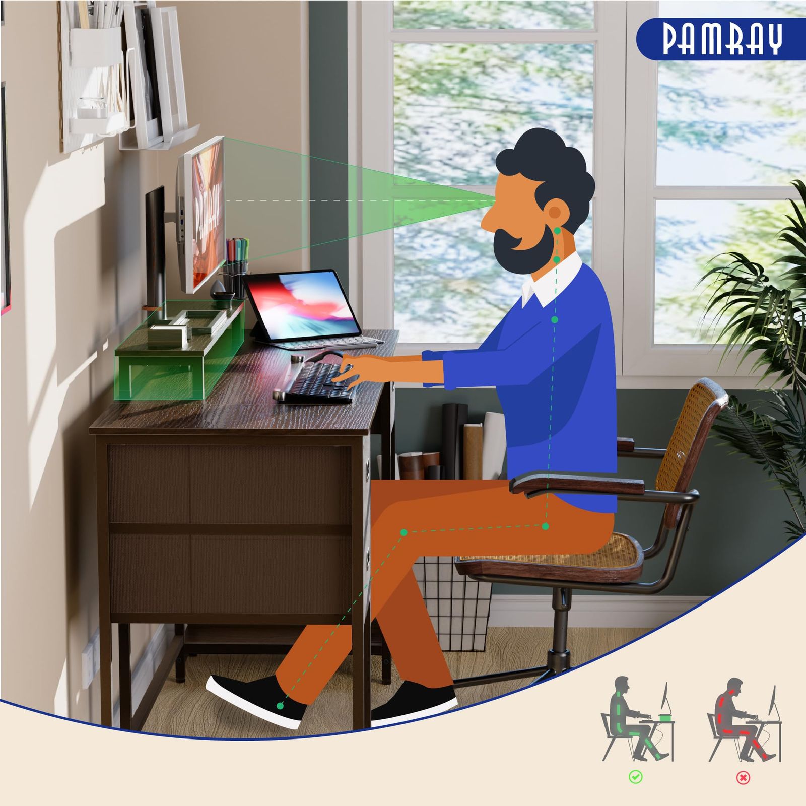 引き出し付き 在宅ワークデスク 組立簡単 pcデスク 机 ラック付き モニター台付き パソコンデスク 勉強机 幅138cm×奥行50cm デスク ビンテージ PAMRAY