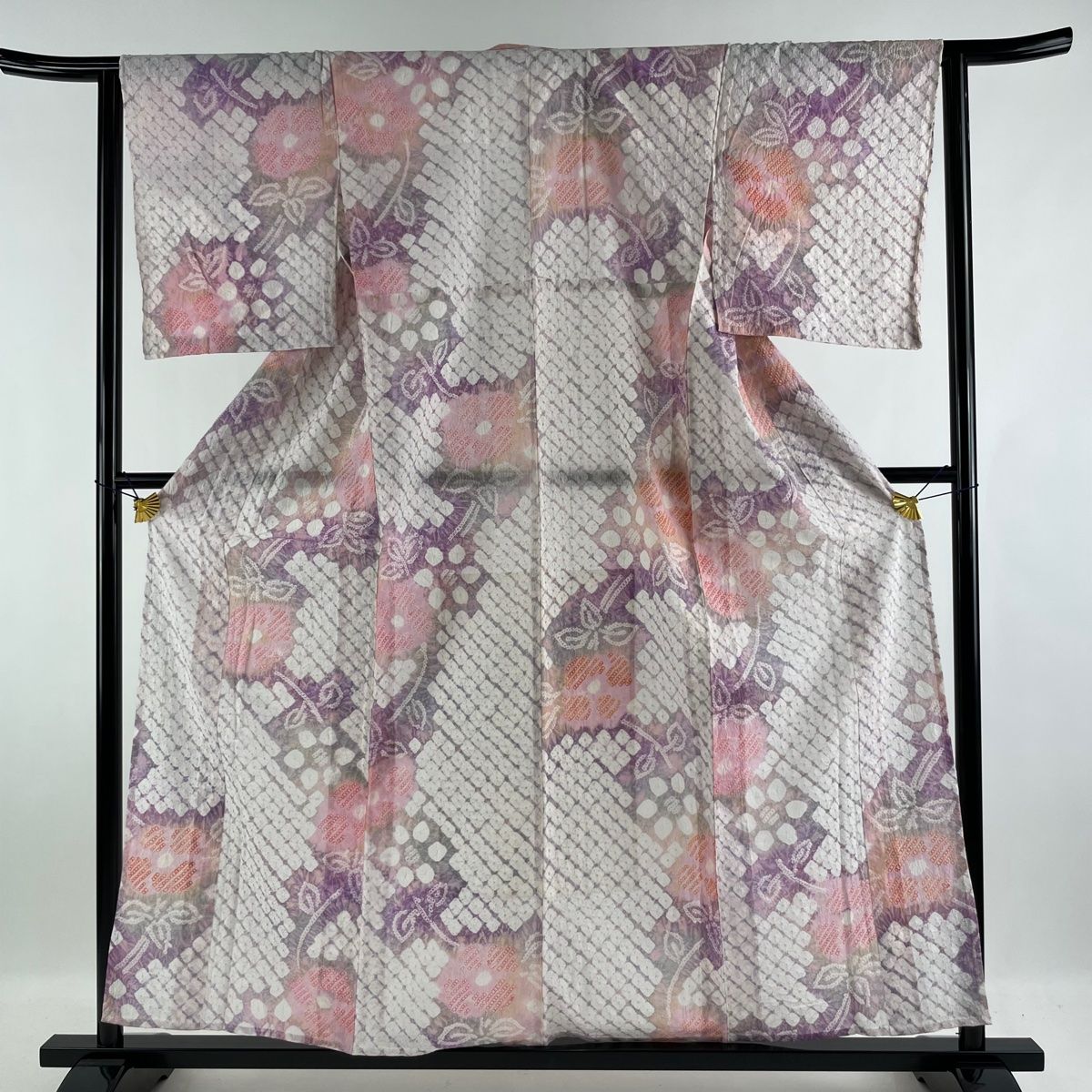 浴衣 美品 名品 草花 総絞り 薄紫 身丈157.5cm 裄丈62cm S 綿 【中古