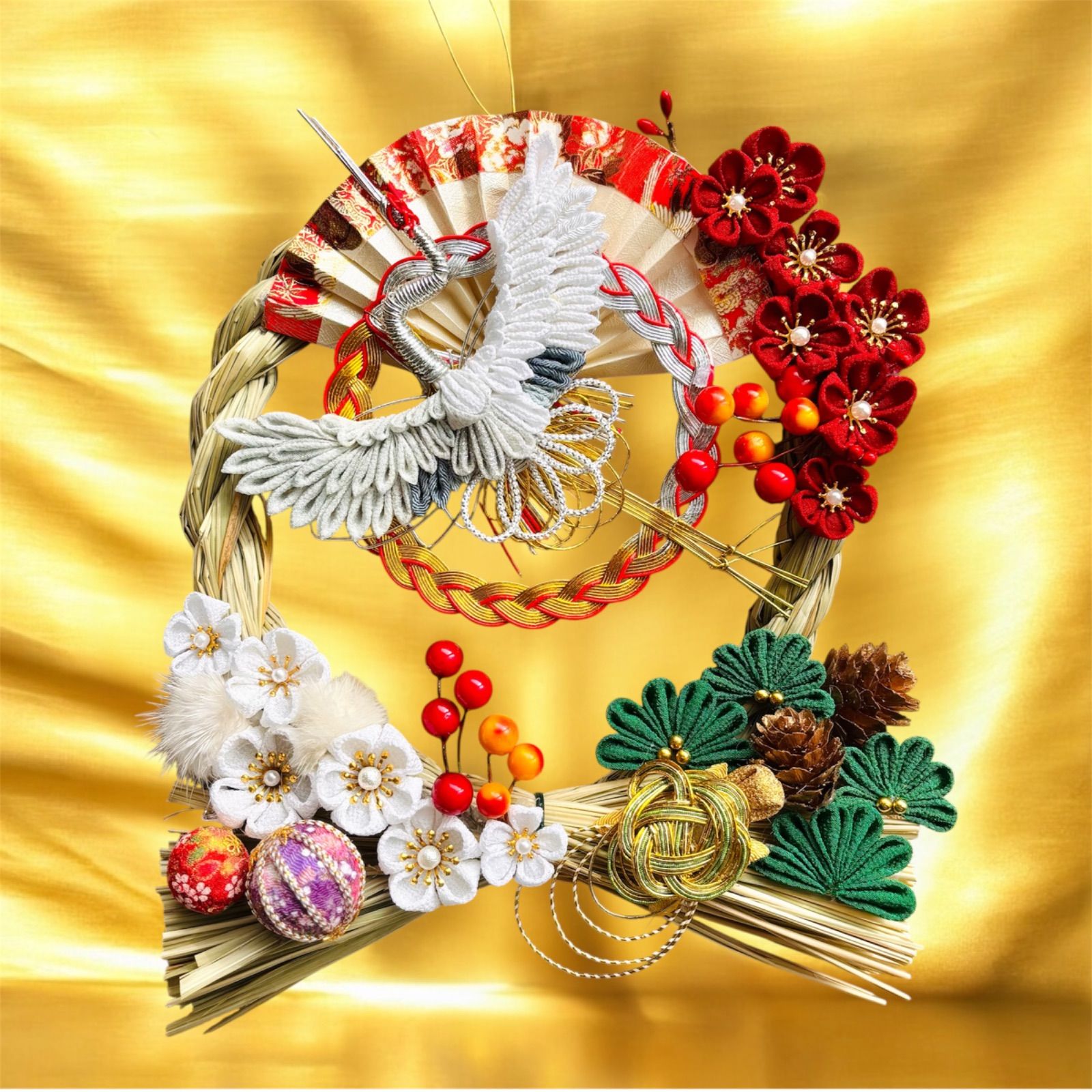 2026 正月 〜金の羽ばたき〜 正月 しめ縄リース つまみ細工 一点もの