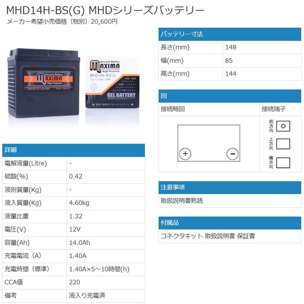 ハーレー専用 充電済み すぐ使える 65948-00 互換 バイクバッテリー MHD14H-BS(G) 1年保証 ジェルタイプ メンテナンスフリー 密閉式 シールド式  VRSCA V-ROD VRSCAW VRSCB VRSCD ナイトロッド 1131cc