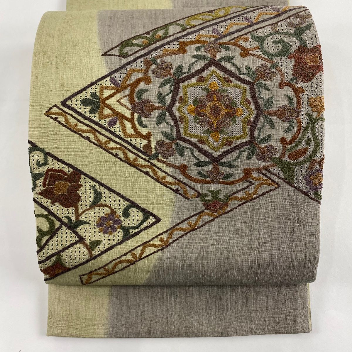 袋帯 美品 秀品 赤茶 ベージュ 金銀糸 【美品】 袋帯 秀品 幾何
