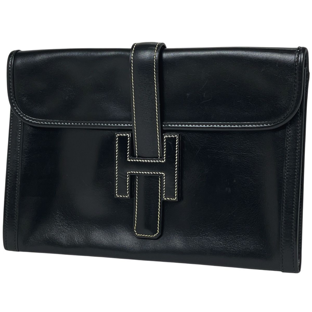 エルメス HERMES ジジェ PM Hロゴ クラッチバッグ ボックスカーフ ブラック 〇P レディース