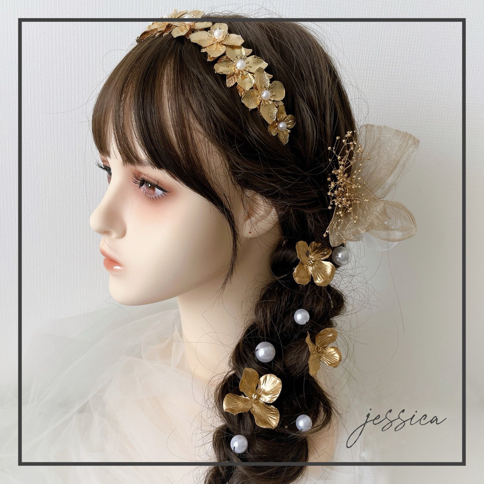 フラワーカチューシャ×ゴールド×パール×リボン 髪飾り成人式卒業式花冠