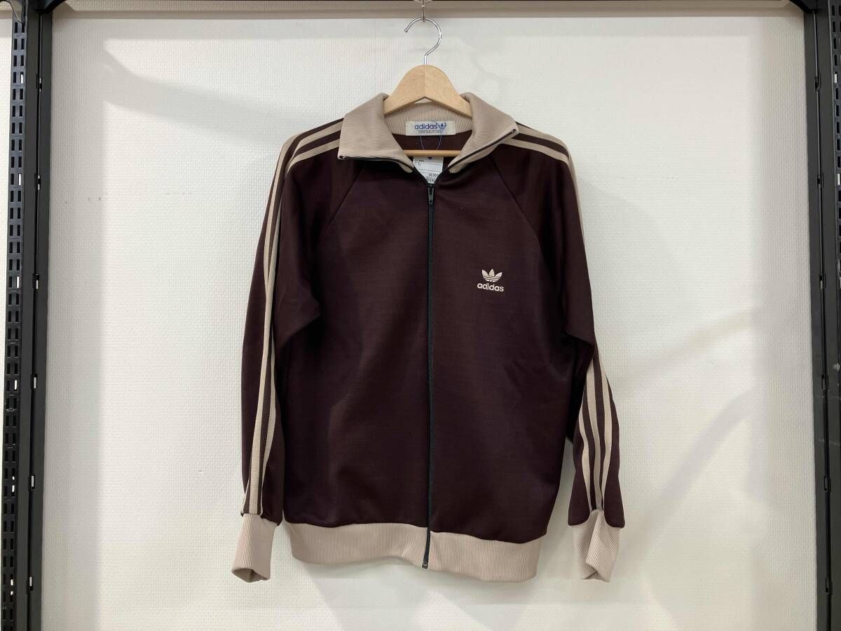 adidas トラックジャケット 80s ジャージ アディダス 茶 ブラウン ポケット無し 毛玉有り ベージュライン ロゴ刺繍 メンズ