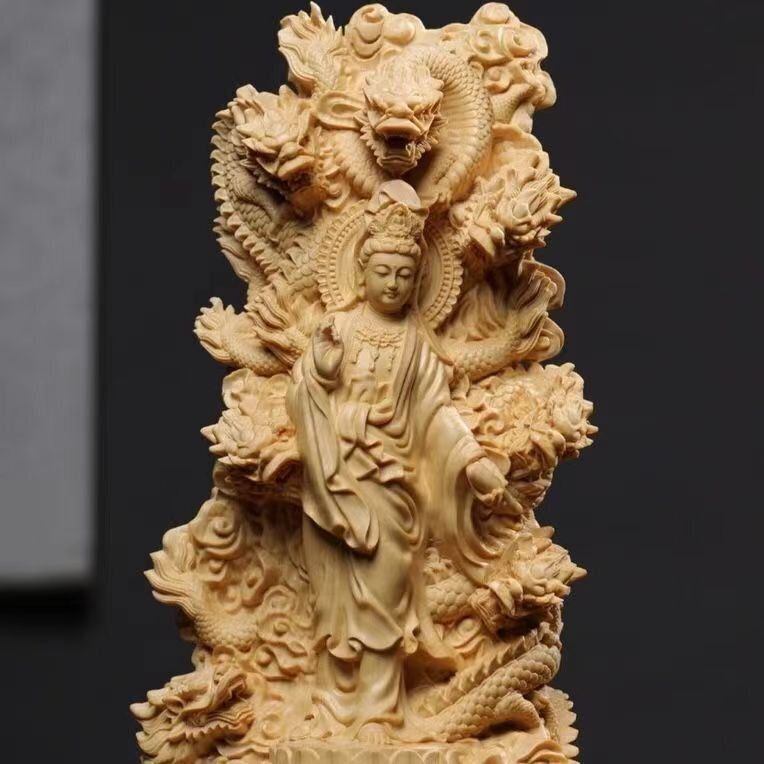 中国美術 仏教美術 細密木彫 菩薩 仏像 共箱 ▽鴻▽ 角材細密彫 觀音菩薩像 置物 古賞物 中国古玩 中国古美術
