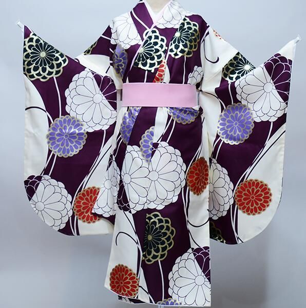 二尺袖着物 単品 仕立て上がり 豪華絢爛 着物丈はショート丈 紫×白