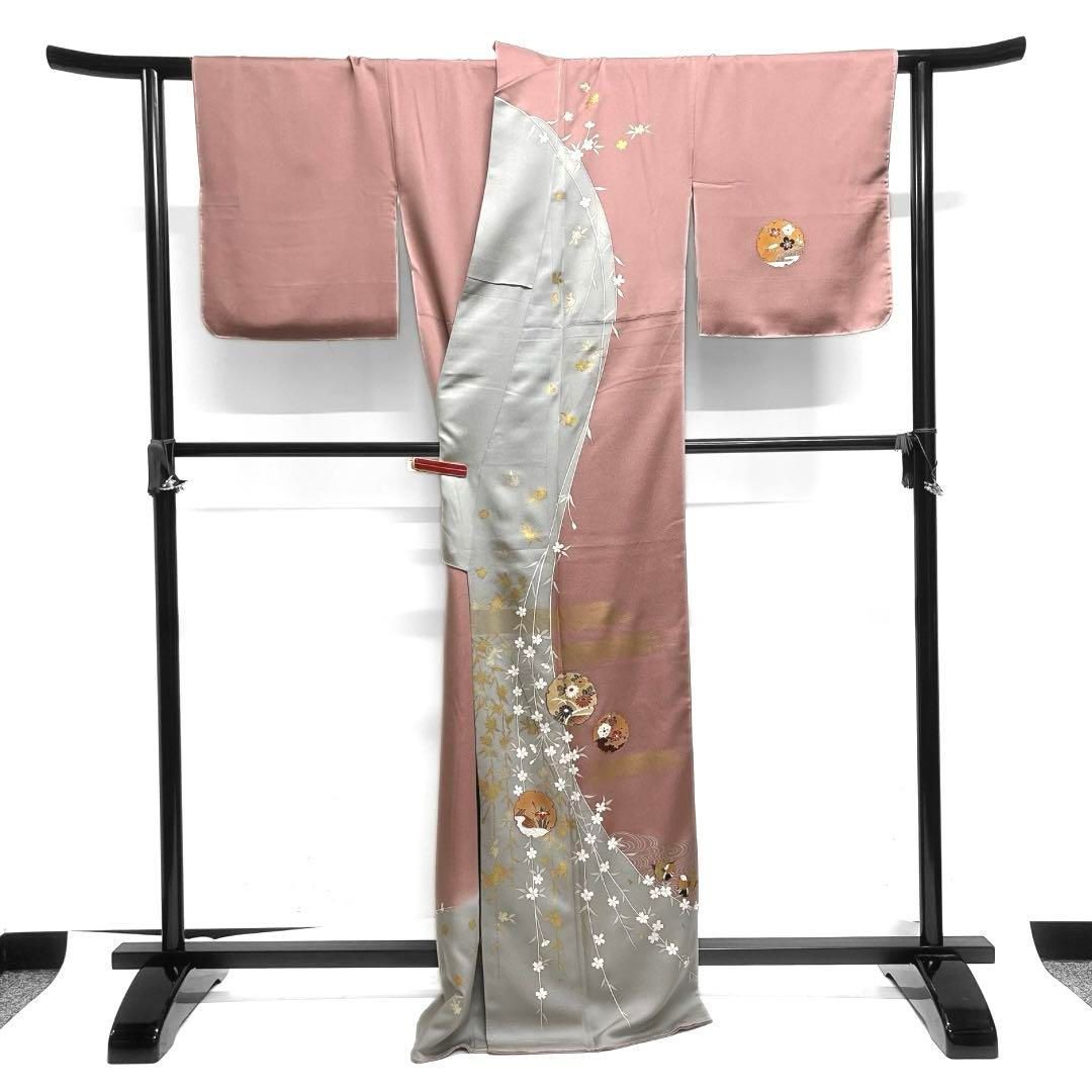 訪問着 雪輪紋 金彩 枝垂れ桜 鴛鴦 流水 菊 菖蒲 梅 着物 114a d 