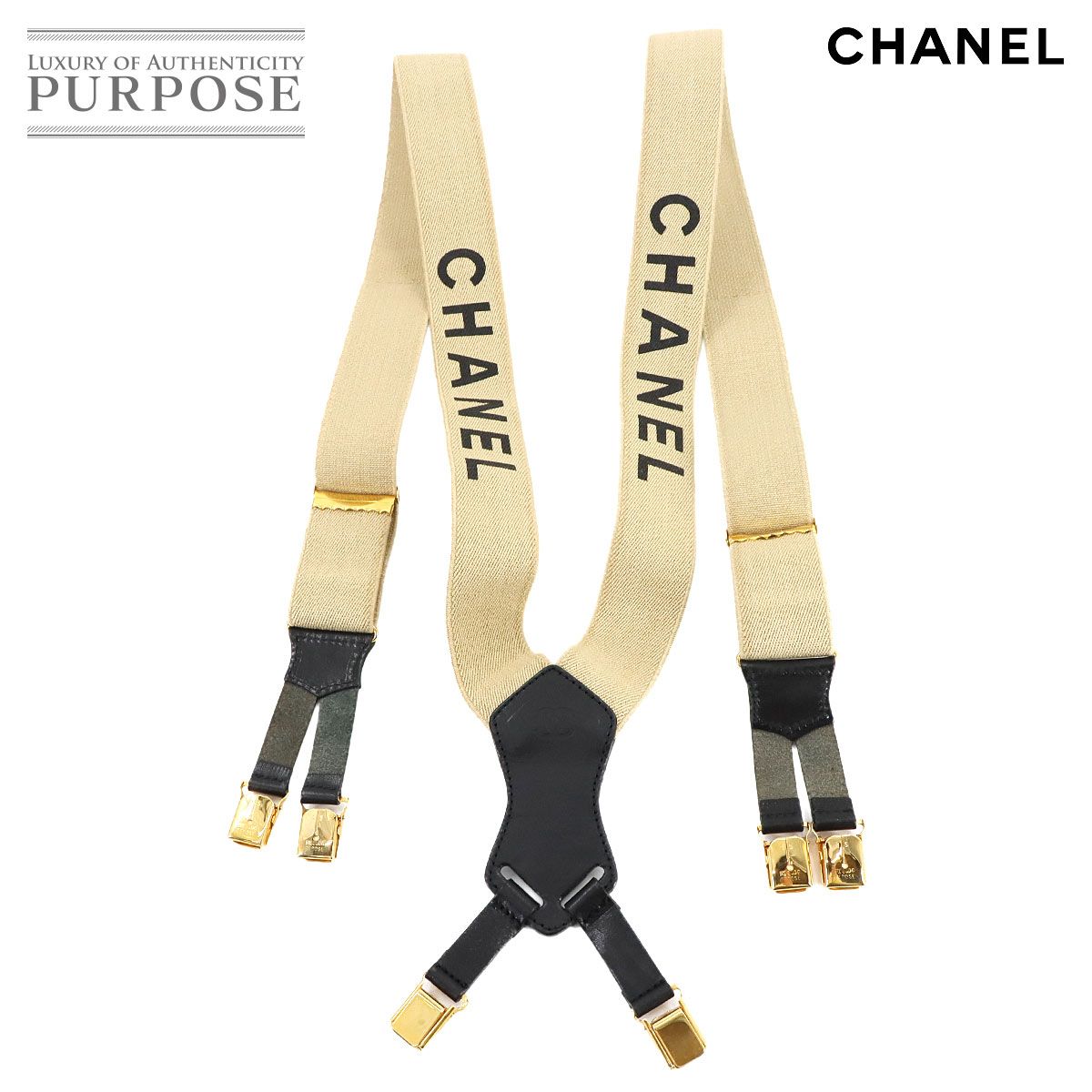 美品 シャネル CHANEL サスペンダー ロゴ キャンバス レザー