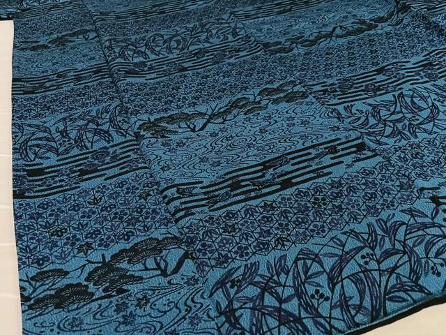 新品正絹藍染小紋　花蝶唐草文　鬼しぼ縮緬　⑧( 留袖、訪問着、袋帯なども出品) 袋帯 螺鈿箔 正絹 絹 金糸 銀糸 黒地 黒 花唐草 横段 花菱 網代