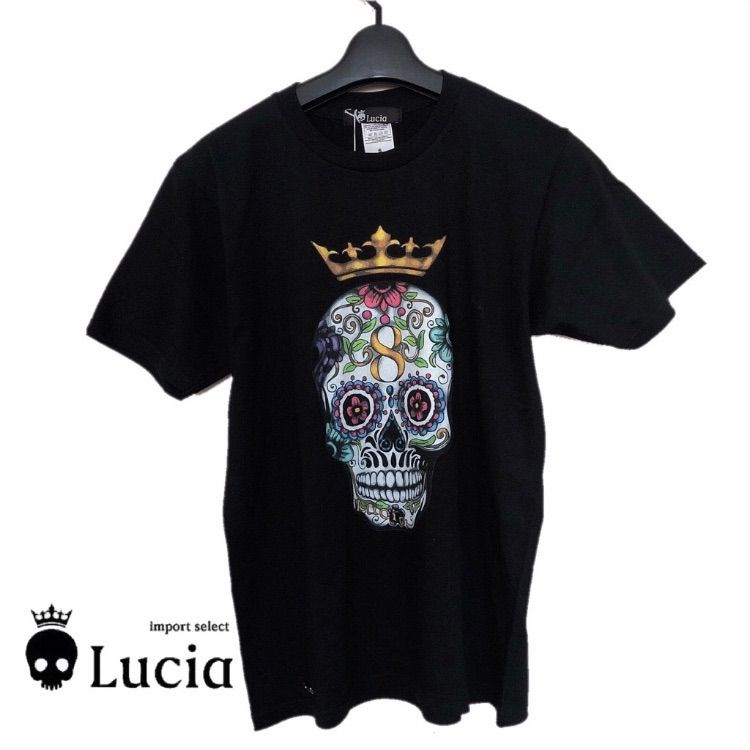 【新品未使用】 LUCIA ルチア プリント Tシャツ トップス スワロフスキー 半袖 ブラック スカル 男女兼用 メンズ レディース