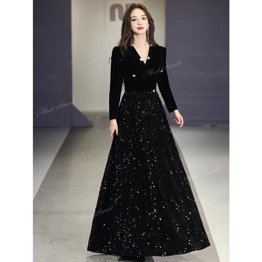 ブラック 長袖 スパンコール キラキラ 秋冬 コンクール 結婚式 演奏会 二次会母親 フォーマル パーティードレス