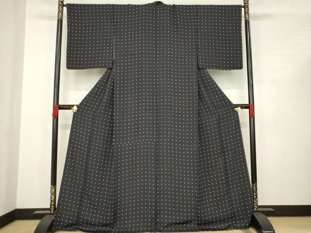 平和屋着物●上質な小紋 格子 黒地 正絹 AABC6144ck