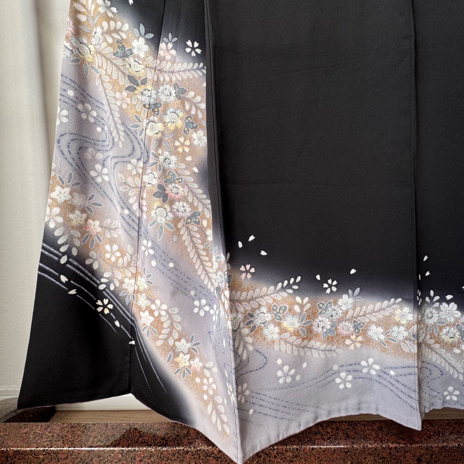 超美品　正絹　袷　広襟　訪問着　付け下げ　着物　165 黒　トールサイズ 超美品 正絹 袷 現代 広襟 訪問着 付け下げ 着物 紺 赤 刺繍 161裄66