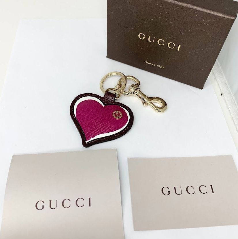 GUCCI グッチ インターロッキングG レザー ハート キーホルダー バッグチャーム ボルドー系×ホワイト系