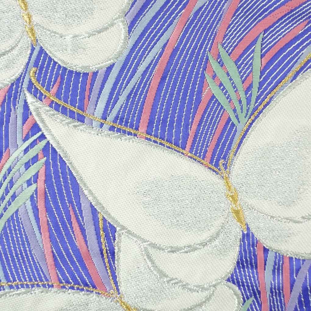 袋帯 幅31cm 長さ433cm レディース 蝶柄 秋冬春用 正絹 シルク シルバー リメイク リユース リサイクル 呉服のきくや