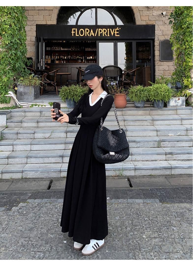 春セクシーコントラストニットドレスロング丈ワンピース