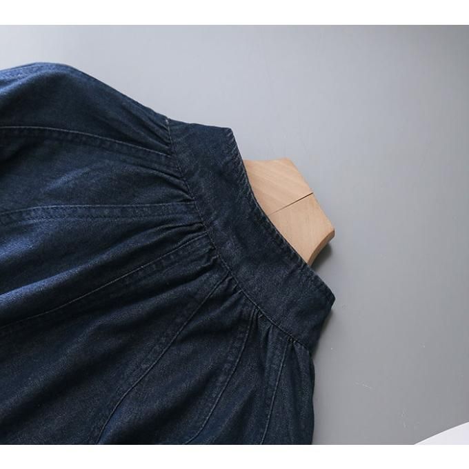 ブラウス レディース トップス シャツ デニム 立ち襟 フリル