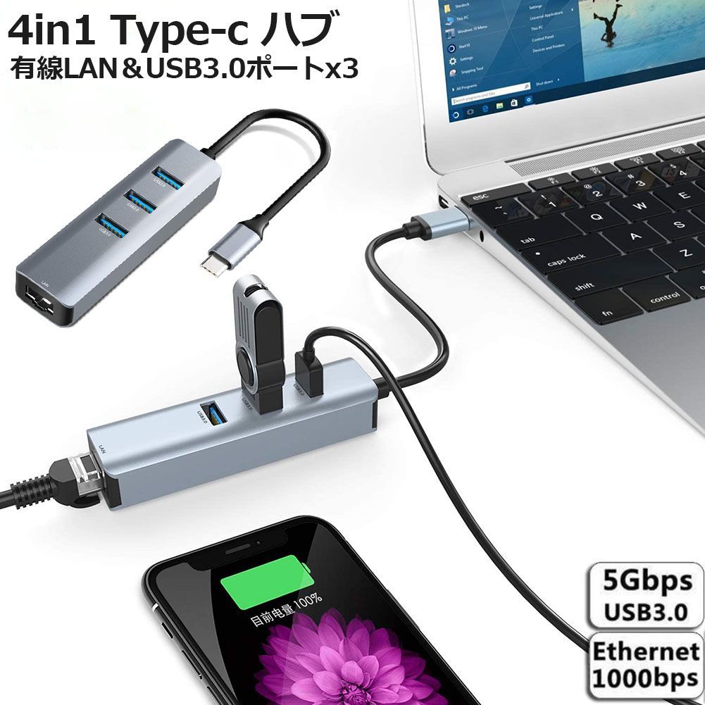 USB C ハブ RJ45 Thunderbolt 3 1000Mbps 有線LAN 4ポートアダプター RJ45 変換アダプタ 5Gbps高速 USB拡張  高速伝送 USB3.0ポート×3 ネットワークコンバーター ギガビット MacBook Pr - メルカリ