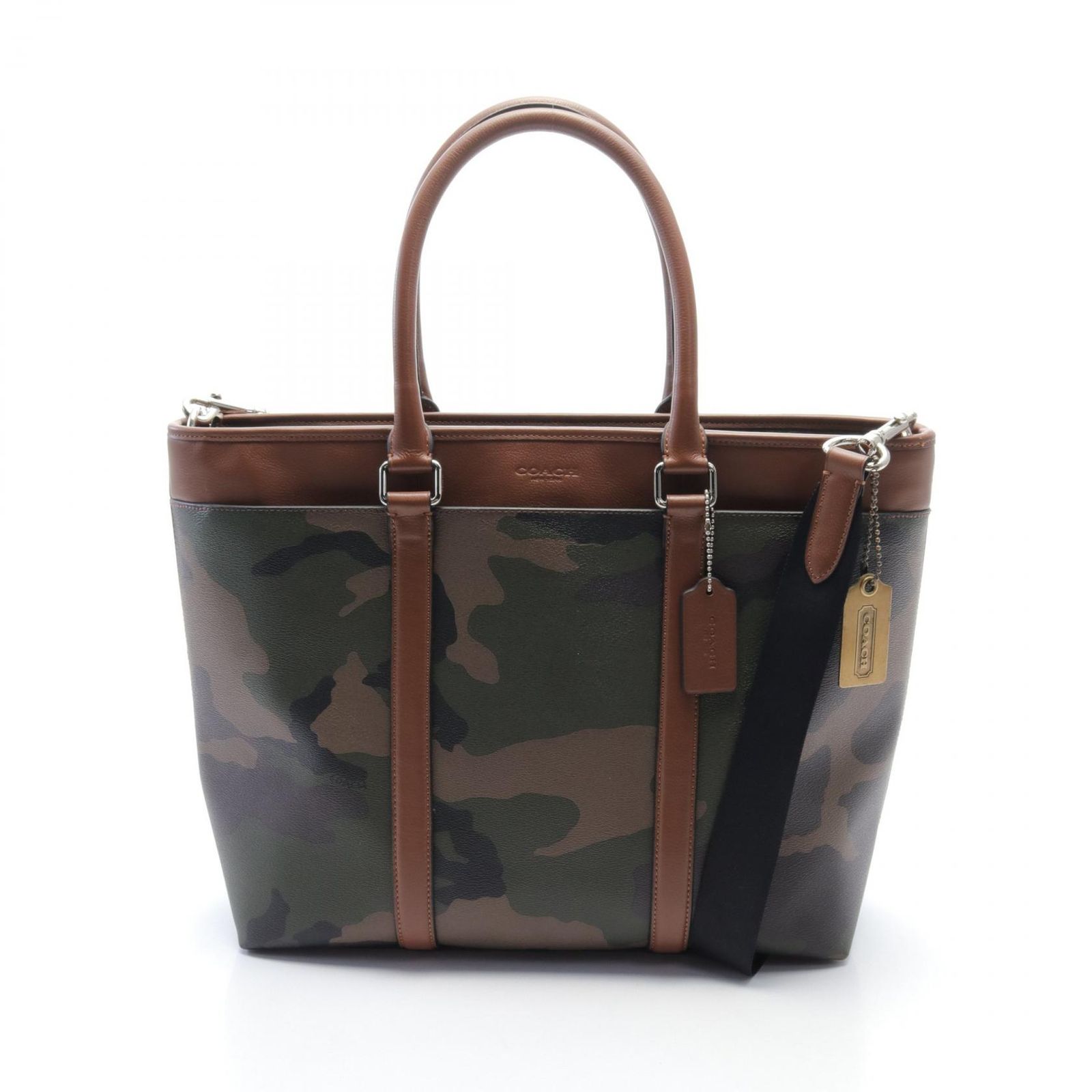 コーチ COACH トートバッグ ブラウン/迷彩柄 PVCコーティングキャンバス レザー 2wayトート メンズ Used A