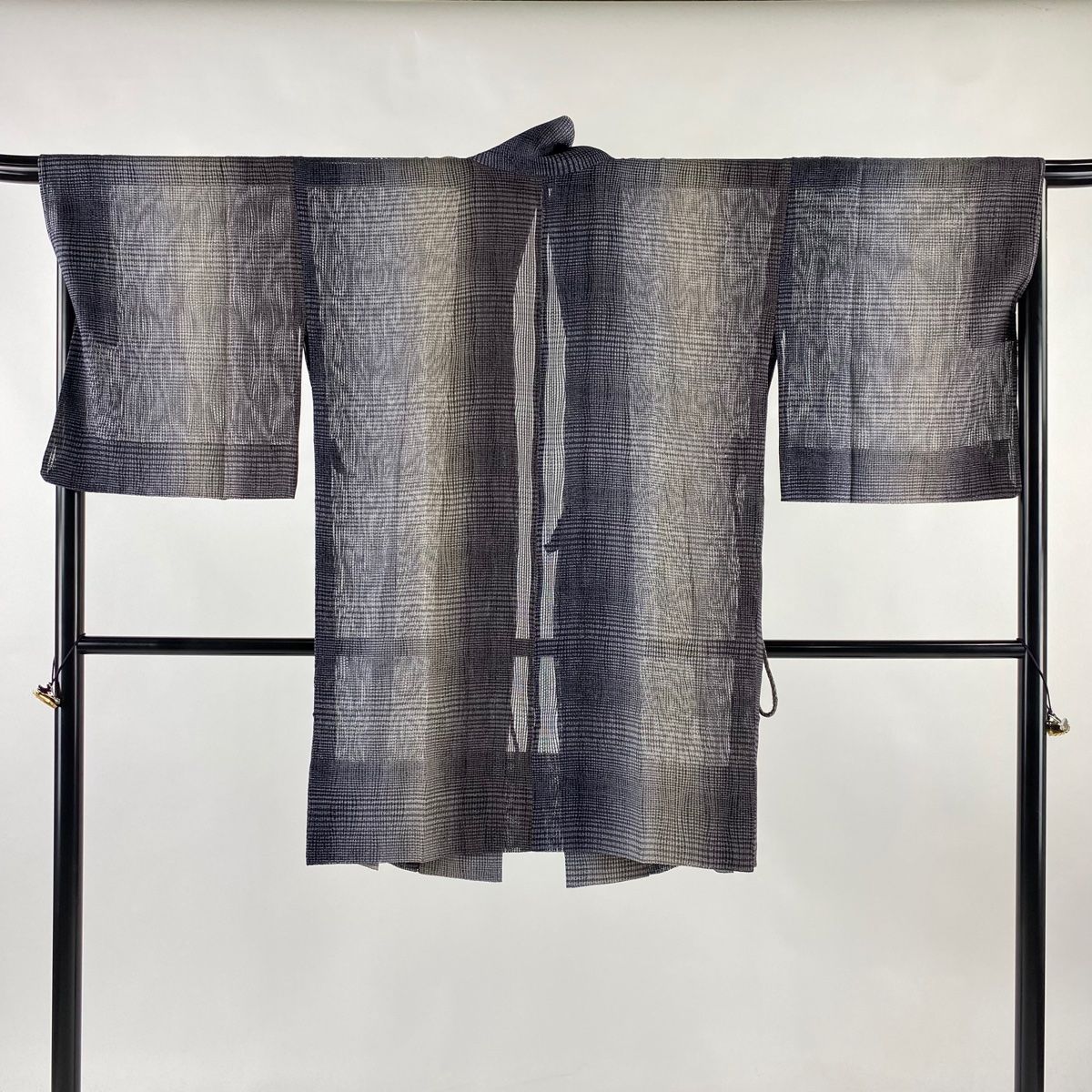 道中着 身丈94cm 裄丈68cm L 和装コート 縞 格子 墨色 正絹 名品