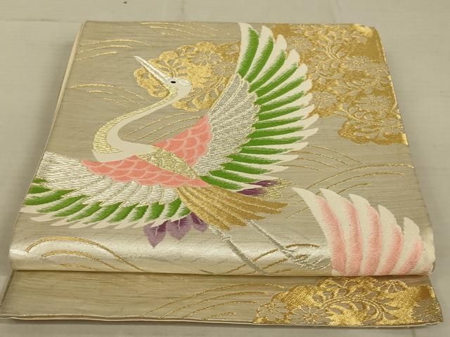 平和屋着物●アンティーク　大正ロマン　六通柄袋帯　引き抜き帯　手描き　刺繍　茶碗　流水飛鳥草葉文　金銀彩　正絹　逸品　DAAZ4189cm 平和屋着物○アンティーク 大正ロマン 六通柄袋帯 引き抜き帯 手描き