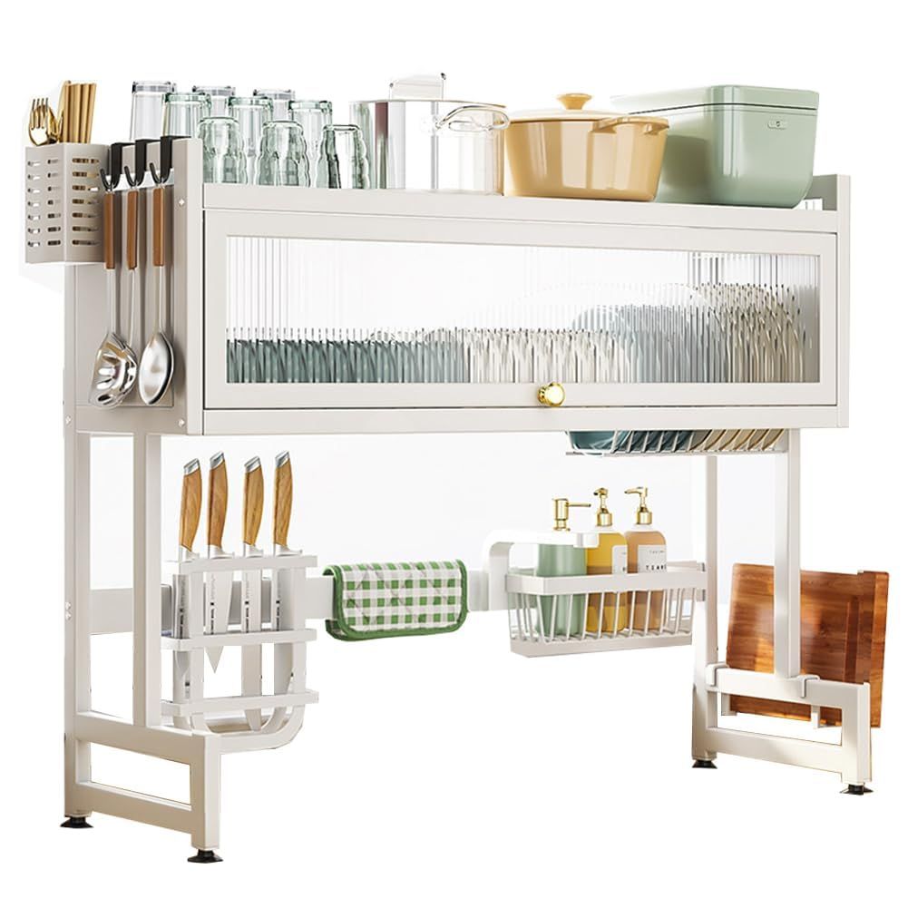 PFLife 水切りラック シンク上 大容量 シンク上 ディッシュラック 水切り棚 キッチン 水切りラック キッチンドレイナー 滑り止め 省スペース ホワイト-高さ69cm 幅95cm