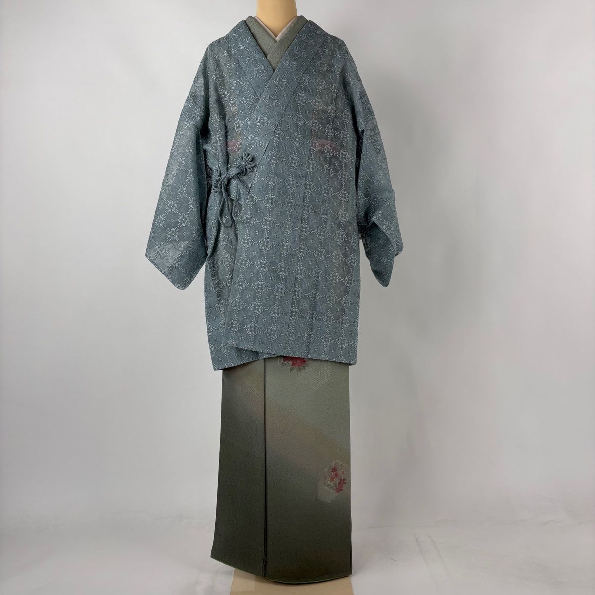 道中着 身丈92cm 裄丈64.5cm M 和装コート 着物衿 格子 華文 灰緑 正絹 名品