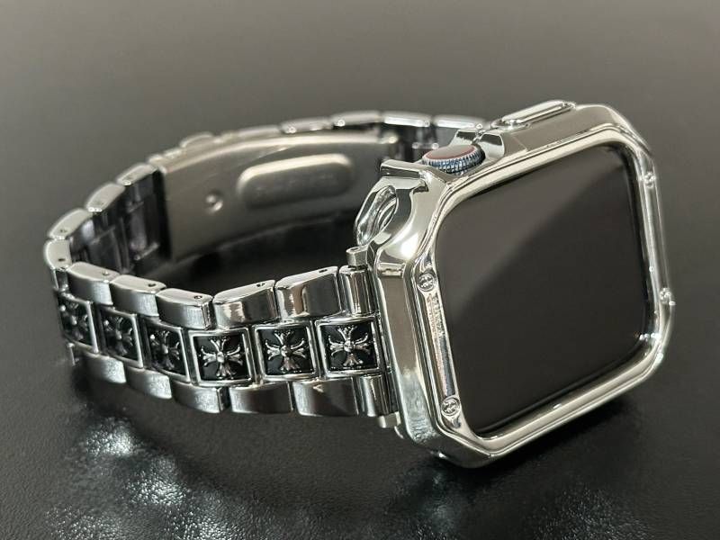 メタルシルバー Apple Watchバンド リンクブレスレット ステンレス アップルウォッチカスタムベルト メッキ加工TPUカバー 保護ケース 38mm40mm41mmm42mm44mm45mm46mm49mm ultra ウルトラ メンズ レディース