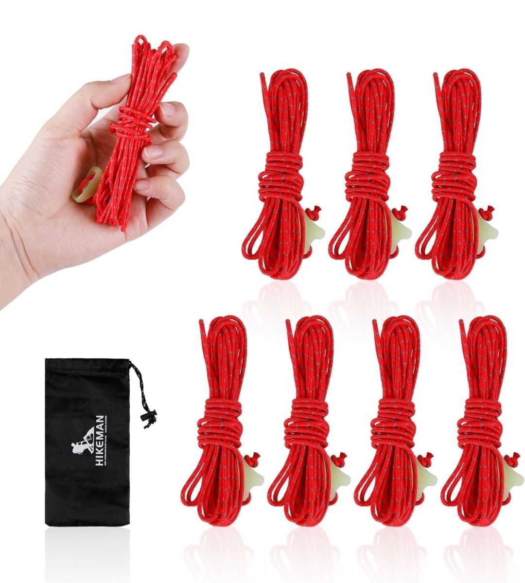 ★HIKEMAN HIMIMI ダイニーマ ロープ ガイロープ 2mm テントロープ パラコード 反射材入り 蓄光自在金具付き 耐荷重330KG 軽量 高強度 高耐候性 長さ4ｍ  キャンプ ロープ アウトドア (レッド8本入り)
