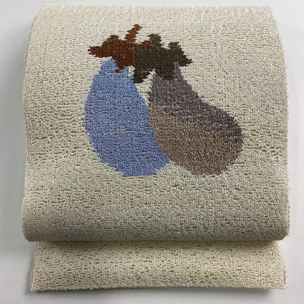 名古屋帯 秀品 八寸名古屋帯 夏帯 茄子 ベージュ 正絹 【中古
