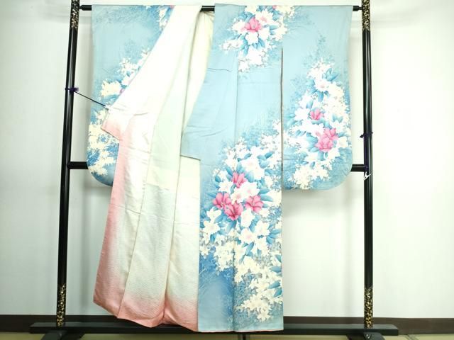 Ivy✺美品 正絹 花草文 トールサイズ 振袖 着物 A1755 正統派古典 緑/白/赤 梅柄/小花柄 大人 かっこいい 華やか古典